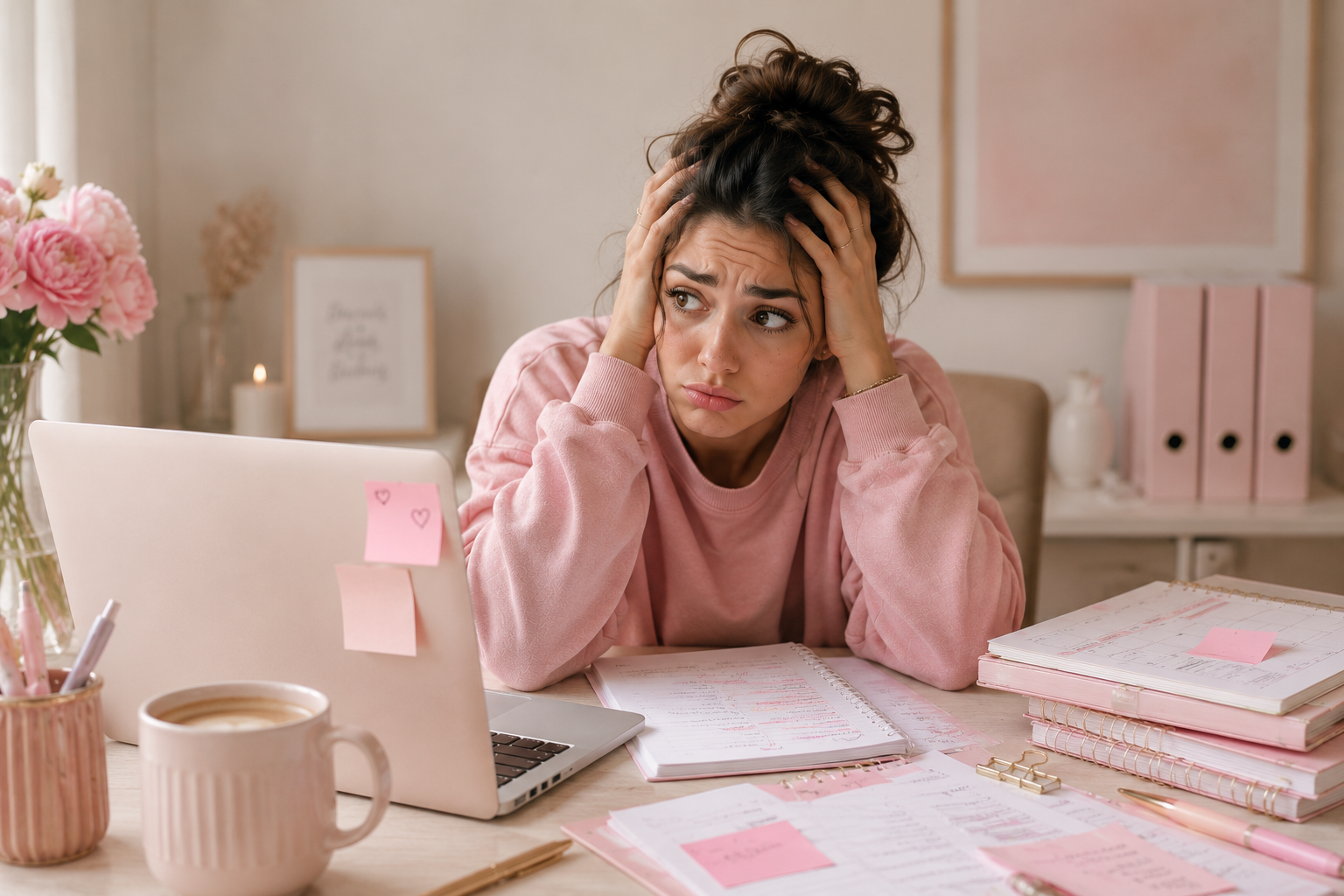 Femme stressée à son bureau rose